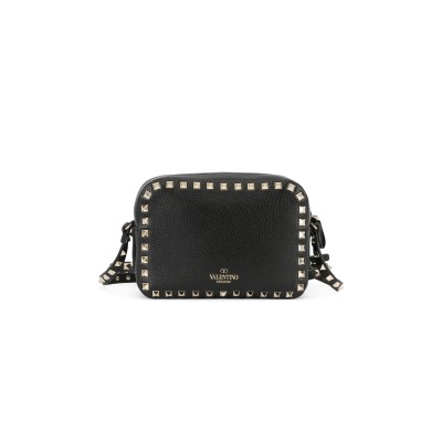 VALENTINO GARAVANI PEBBLED CALFSKIN ROCKSTUD CAMERA CROSSBODY BAG BLACK 168173 (18*13*8cm) VALENTINO GARAVANI PEBBLED CALFSKIN ROCKSTUD CAMERA CROSSBODY BAG BLACK 168173 (18*13*8cm)